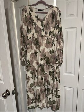 Mikarose Smocked Tiered Maxi Dress in Olive Green and Cream